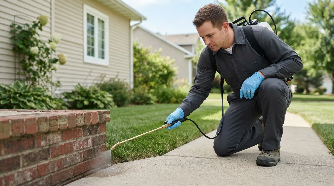 Pest control technician treating a home near Leesburg, VA